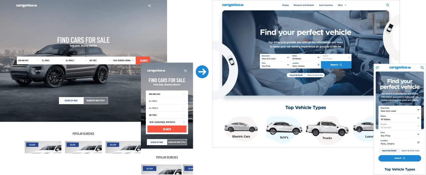 CarsGenius homepage before and after