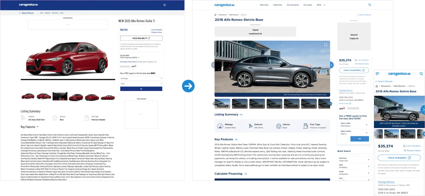 Vehicle finder product detail page before and after