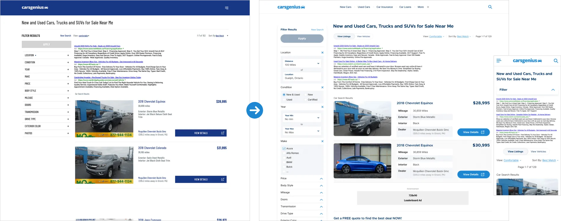 Vehicle finder listing page before and after