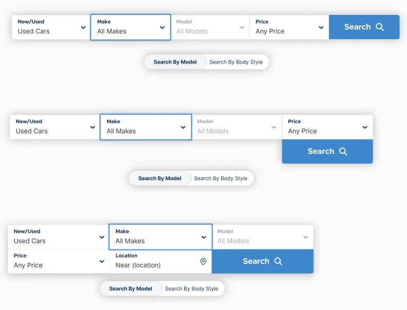 Vehicle finder search form at different breakpoints