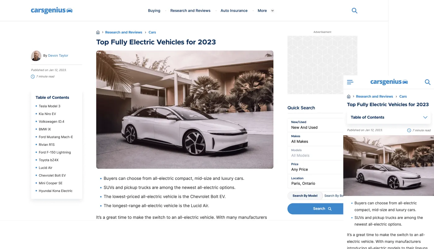CarsGenius article page UI