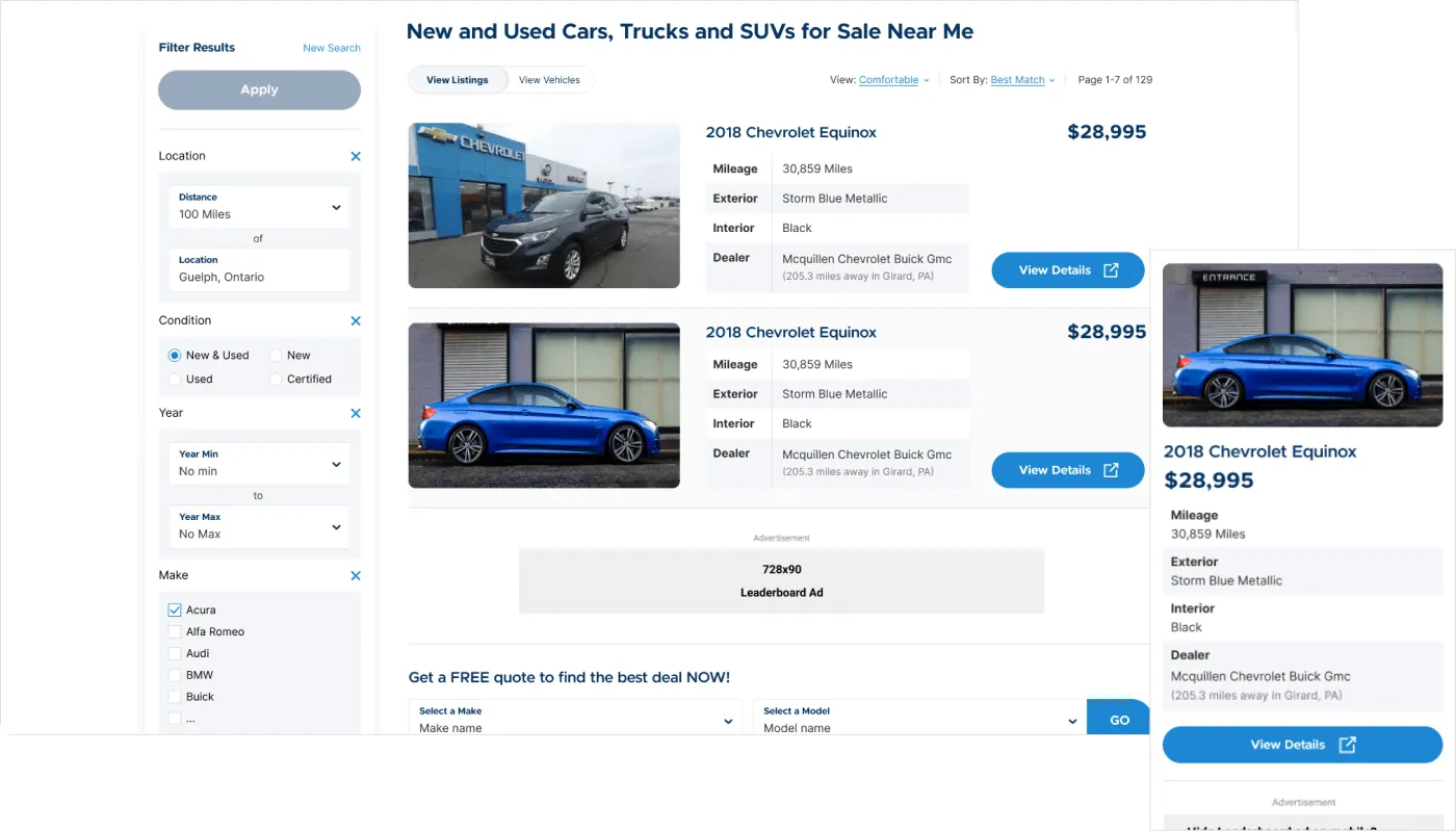 CarsGenius vehicle finder UI