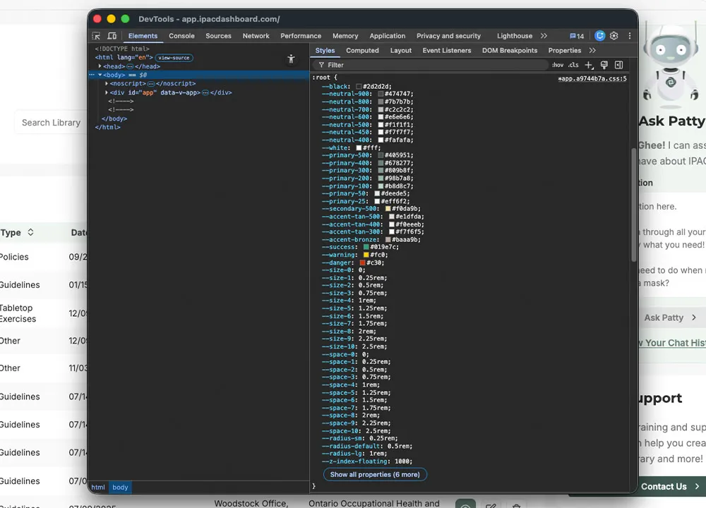 The Design Systems variables in the app itself.