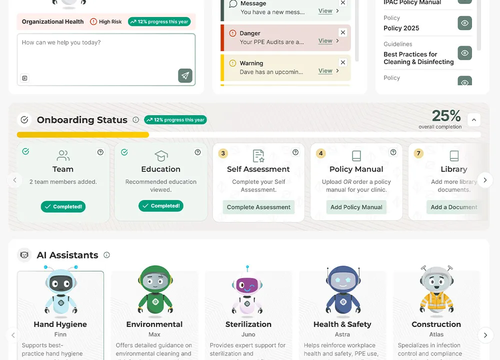 Onboarding guidance on the dashboard homepage