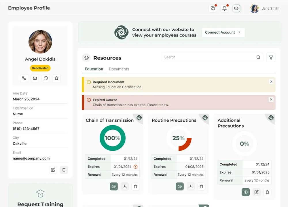 Individual staff profile with education and compliance history