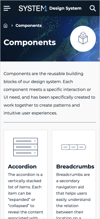 How the components page on mobile appears